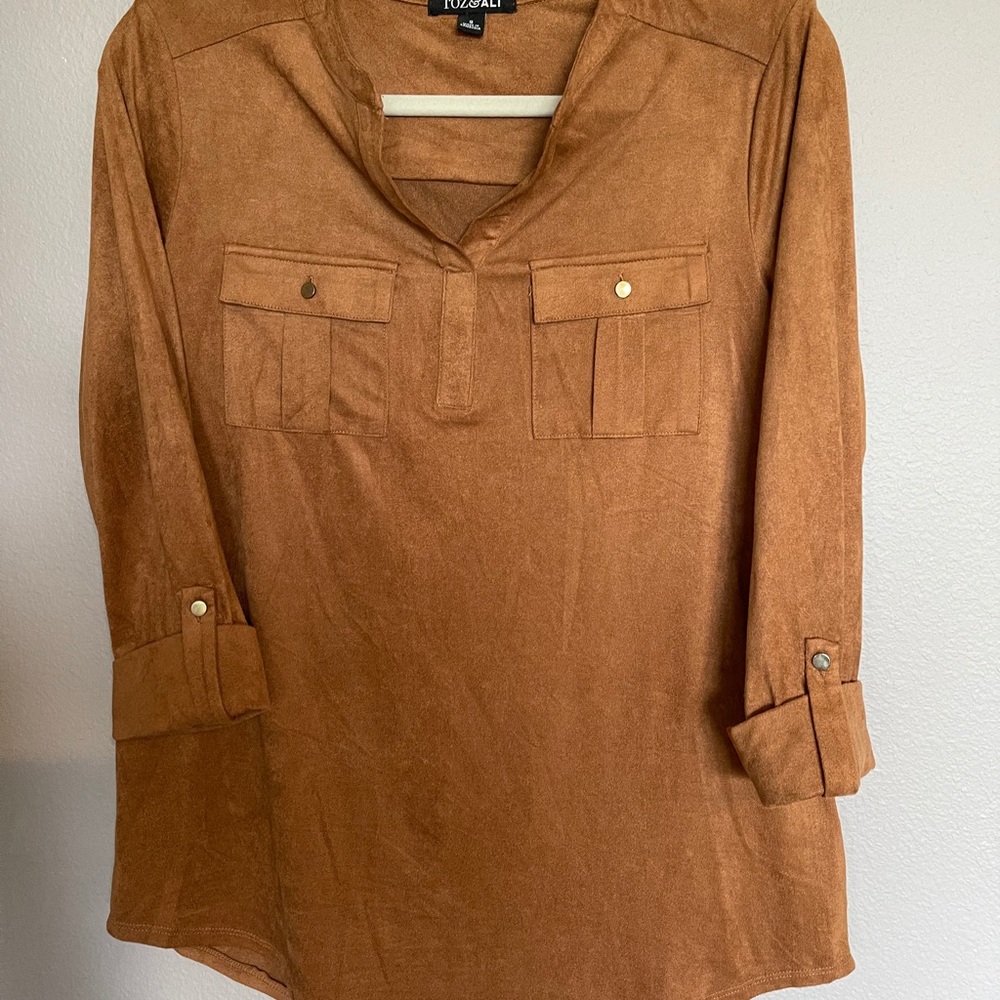 Suede like open V Neck cuffed blouse.